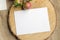 Summer stationery mockup scene with with apples, blue runner, on a beige background in rustic style and natural. Mockup