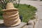 Summer straw natural fiber weave caps . A basketry hat, top view . Hats from natural materials, reed leaves