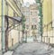 Summer street and yard in Saint-Petersburg, watercolor painting