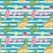 Summer stripe beach print with fresh ftuits and tropical plants. Watercolor seamless pattern with blue stripes