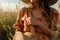 Summer stroll Close up of young woman with rattan bag