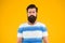 Summer style. Man bearded hipster with mustache and long beard on yellow background. Summer vacation. Sea resort. Ocean