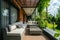 Summer stylish terrace near a modern house. An area for rest and relaxation.