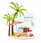 Summer suitcase, Beach Accessories and palm tree on beach. Summer sale Vector illustration