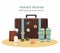 Summer suitcase, Beach Accessories, passports and tickets on beach. Travel concept