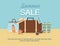 Summer suitcase and Beach Accessories on sand. Discount Summer sale goods