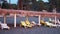 Summer, sun, deserted beach of the coast with sun loungers. Beach by the sea with empty deck chairs set in a row. Deserted place t