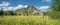 Summer sunny day in the mountains, panoramic view. Blooming meadow, sky