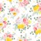 Summer sunny floral seamless vector pattern. Peony, wild rose, narcissus, carnation, pink and yellow flowers.