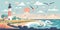 summer sunny landscape flat vector style with lighthouse and seagulls in pastel cheerful colors, generative AI