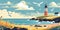 summer sunny landscape flat vector style with lighthouse and seagulls in pastel cheerful colors, generative AI