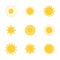 Summer sunny shape. Sun icon set. Star symbol. Sunbeam silhouette. Temperature logo. Sunlight symbol. Sunrise light