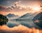 Summer sunrise on a beautiful lake with massive mountains