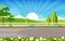 Summer Sunrise Green Nature Field Land Sky Landscape Illustration