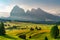 Summer sunrise in Italian Dolomiti Alps. Seiser Alm or Alpe di Siusi location, Bolzano province, South Tyrol, Italy