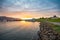 Summer sunset in at the coast of the village on island of Hrisey in Iceland