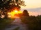 Summer sunset and countryside dusty road. Warm colors high contrast photo.