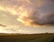 Summer sunset over the agricultural landscape of northern Moravia, Czech Republic. The mood of the summer evening.