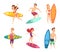 Summer surf characters. Vector funny mascots in various action poses