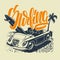 Summer Surf Print with car, Palm Trees and Lettering. Vector Illustartion