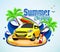 Summer Surfing Adventure Poster Design with Car and Surfboard