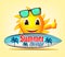 Summer Surfing Smiling Sun Character in Yellow Background