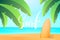 Summer surfing. Tropical island with surfboard, palms, ocean and beach. Summer landscape beach view.