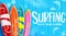 Summer surfing vector banner design. Surfing enjoy your summer text with colorful surfboard elements in blue wooden texture