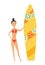Summer surfing vector illustration of girl or young woman surfer with color surfboard. Cartoon poster for summer sport