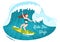 Summer Surfing of Water Sport Activities Cartoon Illustration with Riding Ocean Wave on Surfboards or Floating on Paddle Board