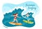 Summer Surfing of Water Sport Activities Cartoon Illustration with Riding Ocean Wave on Surfboards or Floating on Paddle Board