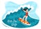 Summer Surfing of Water Sport Activities Cartoon Illustration with Riding Ocean Wave on Surfboards or Floating on Paddle Board