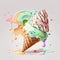 Summer Sweetness: Pastel-Colored Waffle Cone with Ice Cream Mix and Splashes. Generative AI