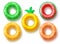 Summer swim rings fruit set vector design. Inflatable rubber toy and swimming circles