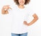 Summer t shirt design and people concept close up of young afro american woman in blank template white t-shirt. Mock up. Copy