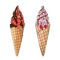 Summer tasty hand drawn set on white isolated background. Ice creams in waffle cone with chocolate, strawberry topping.