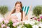 Summer terrace red hair woman relax in deckchair