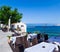 a summer terrace seaside view of traditional european mediterranean restaurant