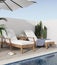 Summer terrace with sunbed, lemonade, cactus, palm and swimming pool, 3d rendering