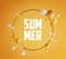 Summer Text Inside Circle Gold Frame on Orange Background. Stylish Minimal 3D Rendering Object