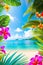 Summer theme beach view with lush flowers generated by ai