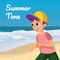 Summer Time Banner. Cartoon Boy Run on Sand Beach