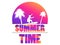 Summer time. Banner with palm trees and a surfer on a sunset background. Gradient yellow and purple. Vector