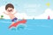 Summer time banner template, cute surfer people character with surfboard and riding on ocean wave. Happy young surfer guy