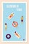 Summer time banner. Various people vacation in swimming pool, top view. Water activities and resting in resort