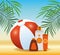 Summer time in beach ball sunblock cream tube bottle vacations exotic foliage