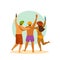 Summer time beach people, three friends have party, celebrating, backside view cartoon isolated vector illustration