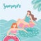 Summer time beach vacation women resting on floating rubber rings on sea