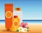 Summer time in beach vacations sun bronzer and sunblock flowers ocean