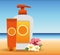 Summer time in beach vacations sun bronzer and sunblock spray flowers sand sea